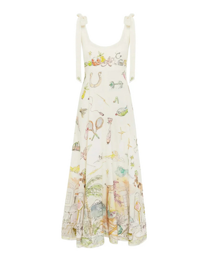 Vestido comprido com folhos e pormenor de laço com estampado de ballet