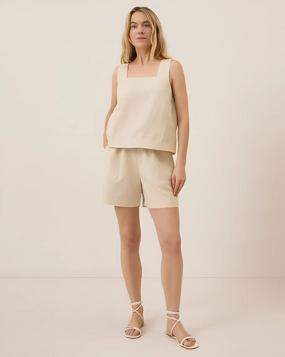 Conjunto de camisa e calções de linho para mulher