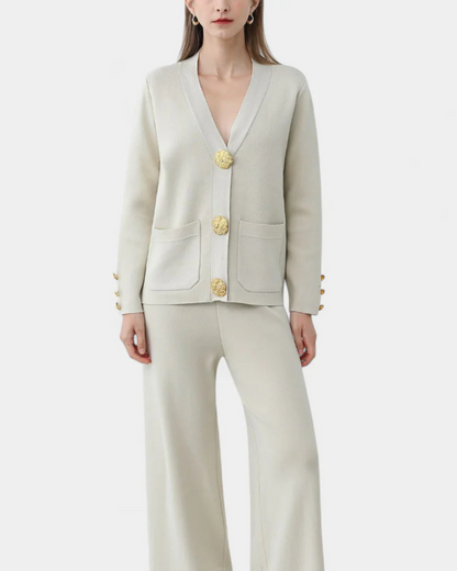 Conjunto de camisola de lã com botões metálicos e calças largas para mulher