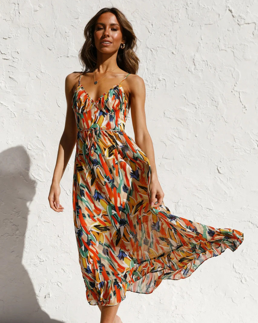 Vestido com alças, decote e estampado para mulher