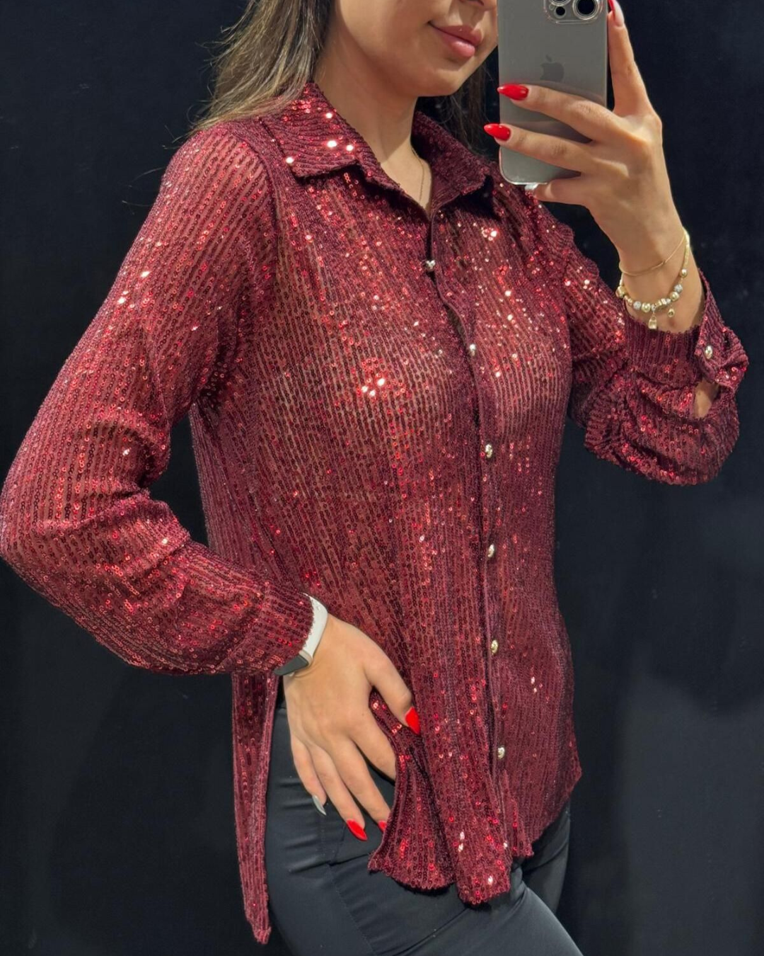 Camisa Casual de Manga Comprida com Lantejoulas e Gola Virada para Baixo