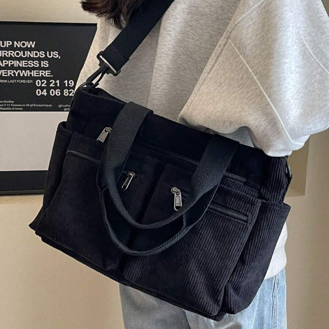 Bolsa de Bombazina com Vários Compartimentos e Design Casual, Ideal para o Dia a Dia e para Viagens.