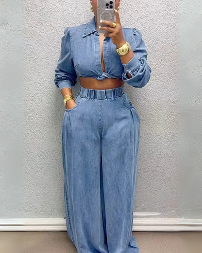 Conjunto formal feminino com top de manga comprida e calças largas