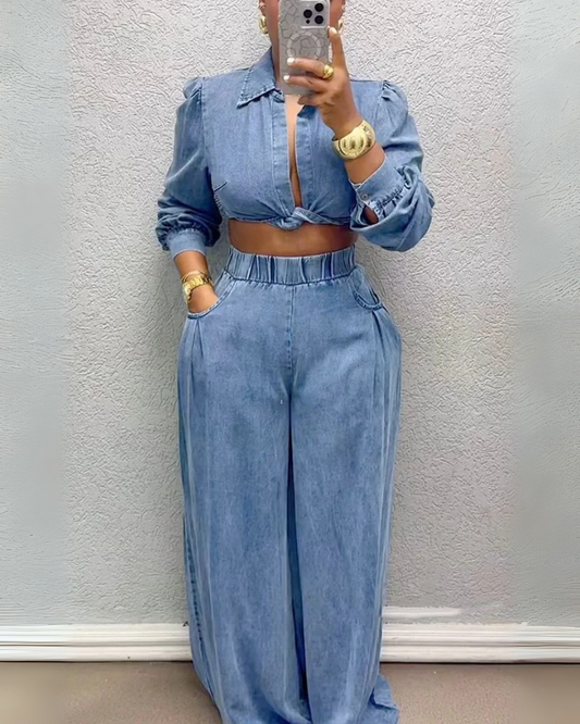 Conjunto formal feminino com top de manga comprida e calças largas