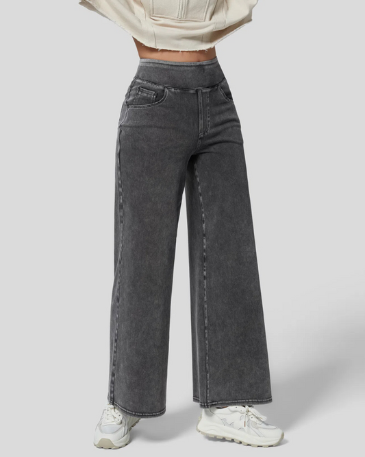 Calcas de Ganga Largas de Cintura Alta com Varios Bolsos para Mulher