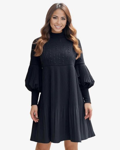 Vestido com mangas farol e gola alta para mulher