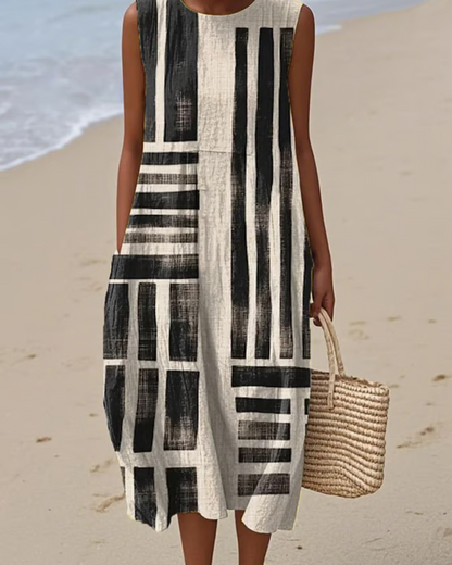 Vestido casual de algodão e linho para mulher