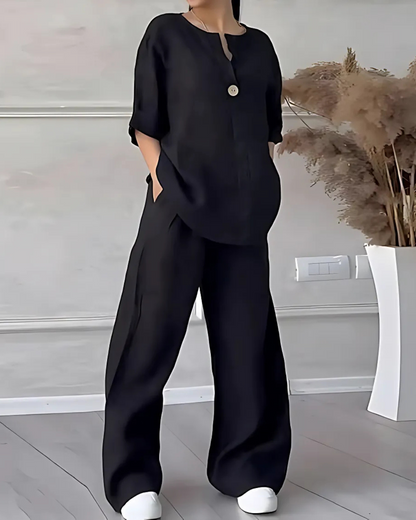 Conjunto casual feminino de duas peças em algodão e linho com decoração de botões