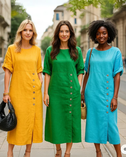 Vestido de Linho com Botões Laterais e Abertura Sofisticada