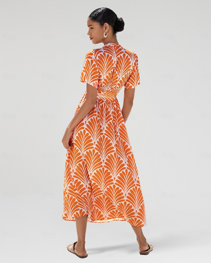 Vestido Midi em Rayon com Cinto Geométrico