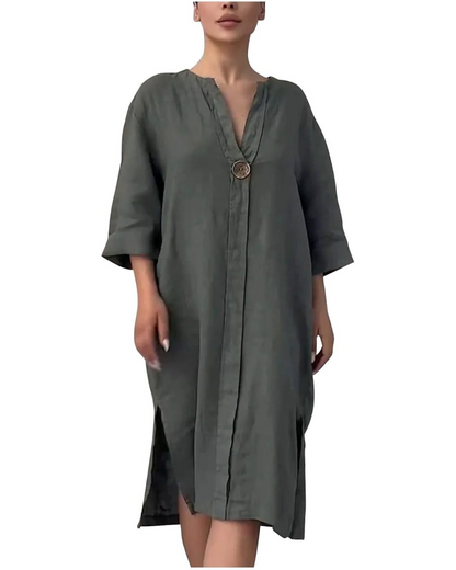 Vestido casual de linho respirável com decote em V