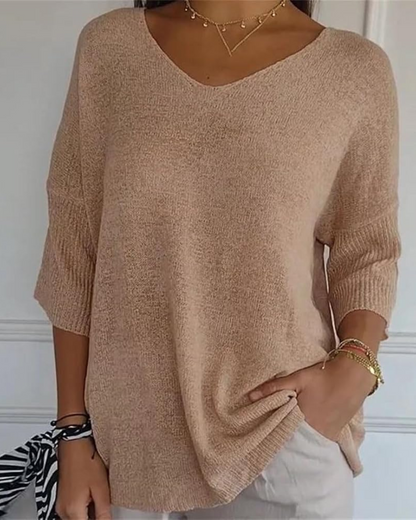 Blusa de Malha Leve de Manga Francesa com Decote em V para Mulher