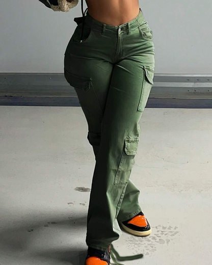 Calças de Cintura Alta Cargo para Mulher com Vários Bolsos