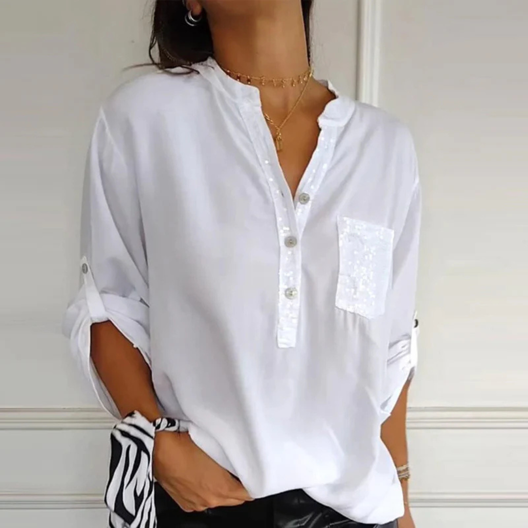 Camisa Casual de Manga Longa com Detalhes e Bolso com Lantejoulas para Mulher