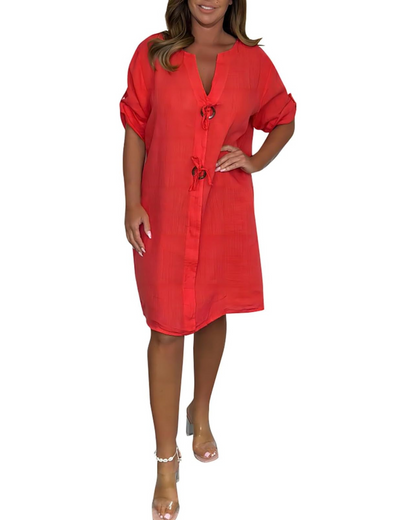 Vestido de linho com mangas compridas e botões elegantes