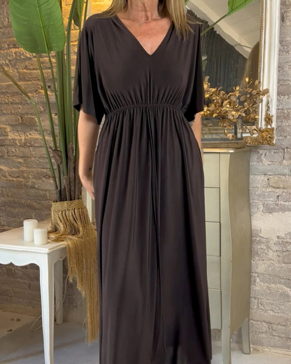 Vestido comprido de manga curta com decote em V