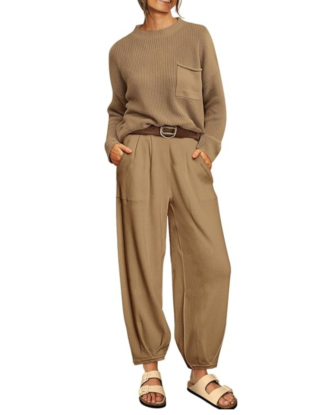 Conjunto Casual de Duas Peças para Mulher: Camisola de Malha e Calças Descontraídas com Bolsos