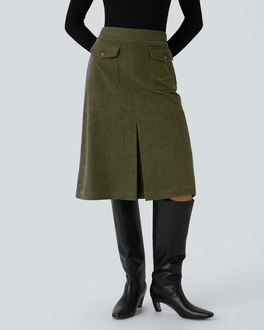 Saia Casual de Bombazina para Mulher com Bolsos e Aba Lateral à Frente