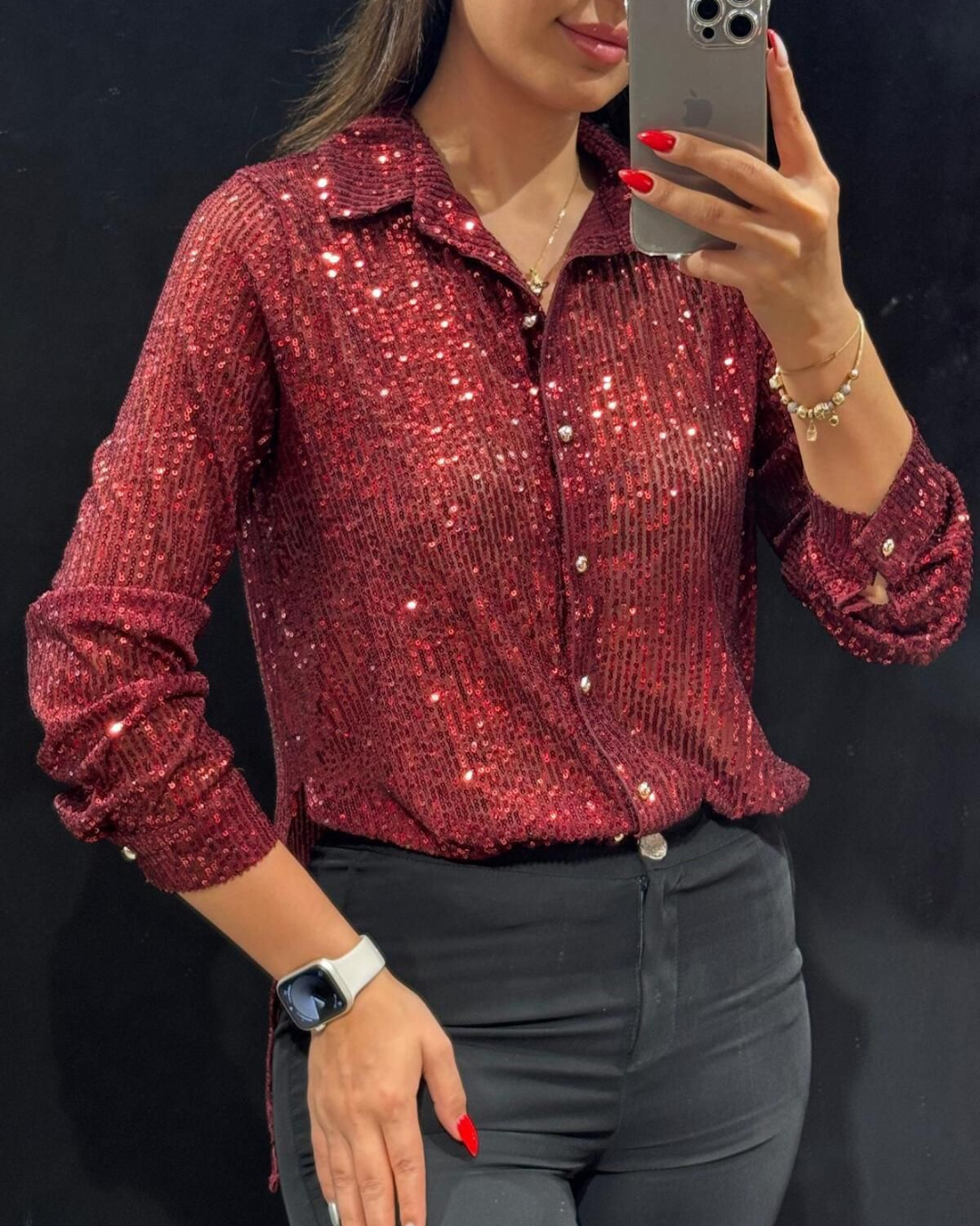 Camisa Casual de Manga Comprida com Lantejoulas e Gola Virada para Baixo