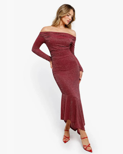 Vestido de Festa Justo com Efeito Cintilante e Mangas Compridas