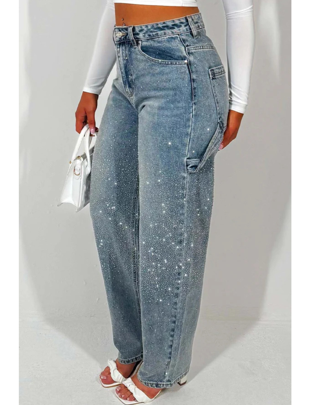 Calças de Ganga Largas com Pormenores de Diamantes e Estilo Cargo