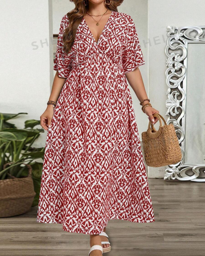 Vestido Comprido Cruzado com Decote em V e Estampado Boémio Casual