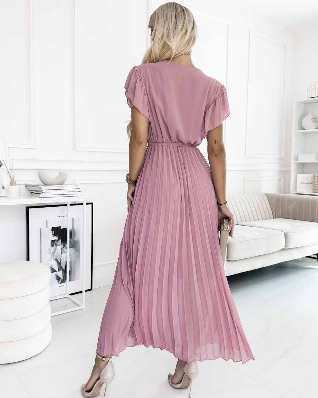 Vestido Comprido Plissado com Cintura Cruzada