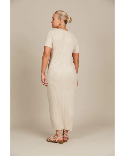 Vestido Comprido de Manga Curta com Canelado para Mulher