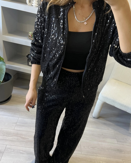 Conjunto Casual Feminino de Lantejoulas com Gola Redonda, Fecho de Correr e Calças