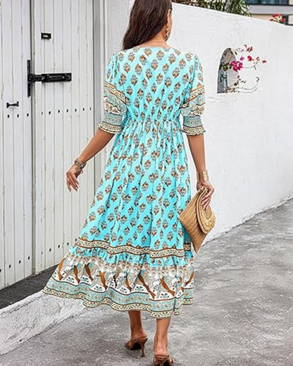 Vestido comprido e solto com mangas e decote em V