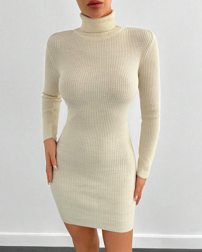 Jersey de Gola Alta de Manga Comprida para Mulher, de Corte Justo, em Unicolor