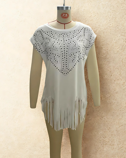 Blusa de algodão para mulher com bainha de borlas e borlas