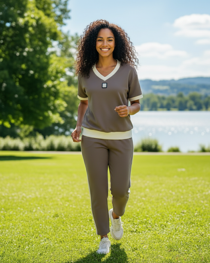 Conjunto elegante de top e calças com decote em V