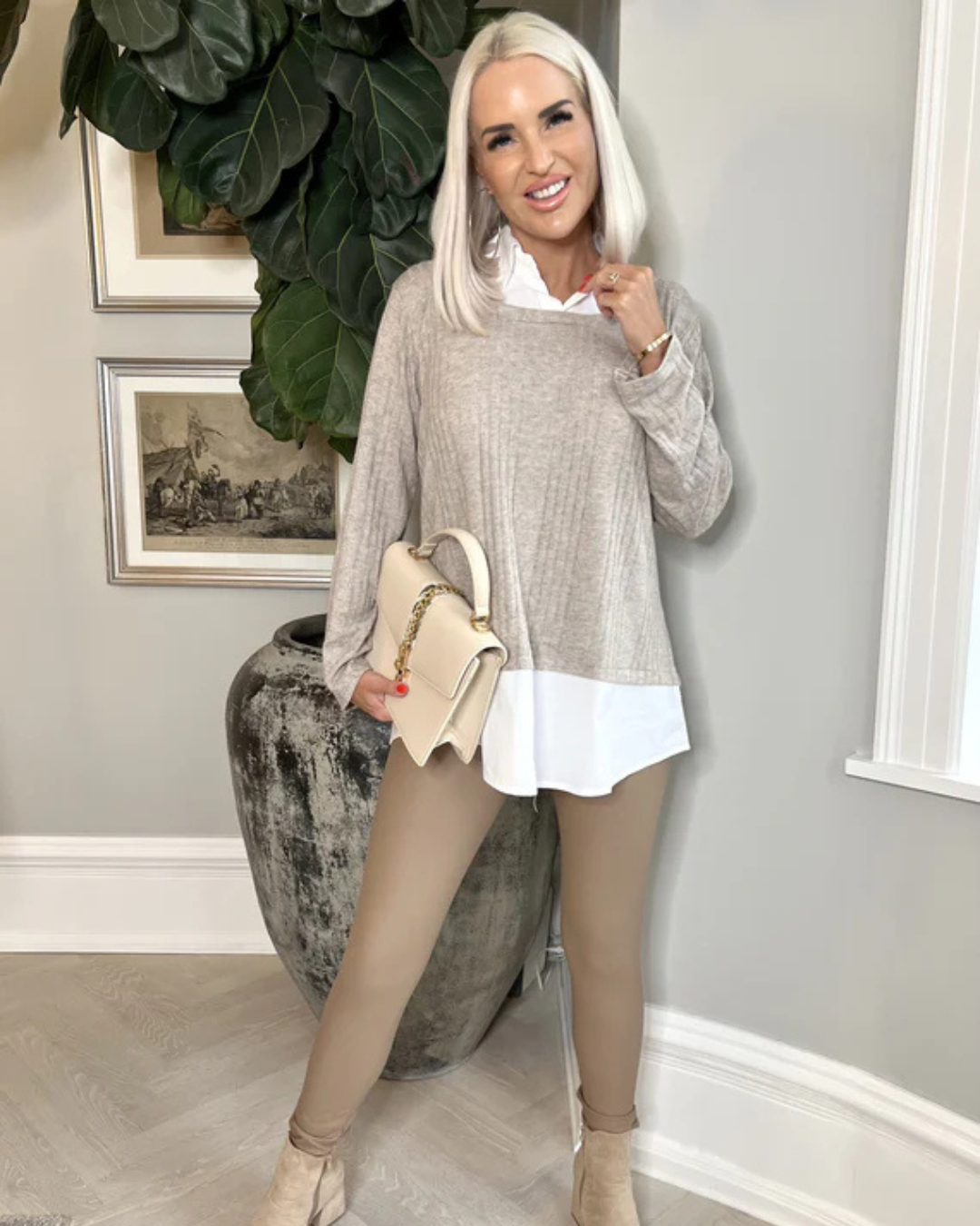 Blusa de Duas Peças com Lapela e Mangas Compridas com Remendos Casuais