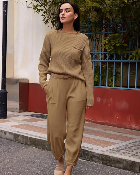 Conjunto Casual de Duas Peças para Mulher: Camisola de Malha e Calças Descontraídas com Bolsos