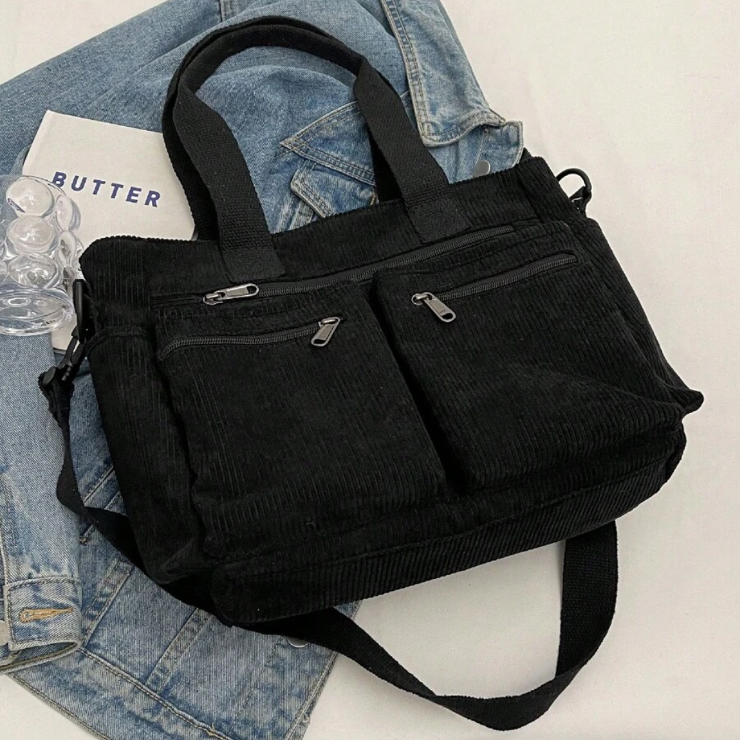 Bolsa de Bombazina com Vários Compartimentos e Design Casual, Ideal para o Dia a Dia e para Viagens.