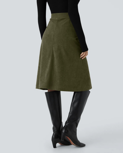 Saia Casual de Bombazina para Mulher com Bolsos e Aba Lateral à Frente