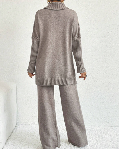 Conjunto Elegante de Duas Peças: Suéter Texturizado com Fenda e Bainha + Calças de Malha de Perna Larga