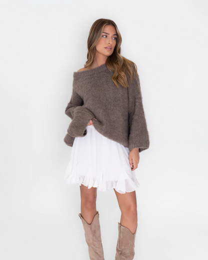 Camisola de malha ultra macia com ombros descobertos para mulher