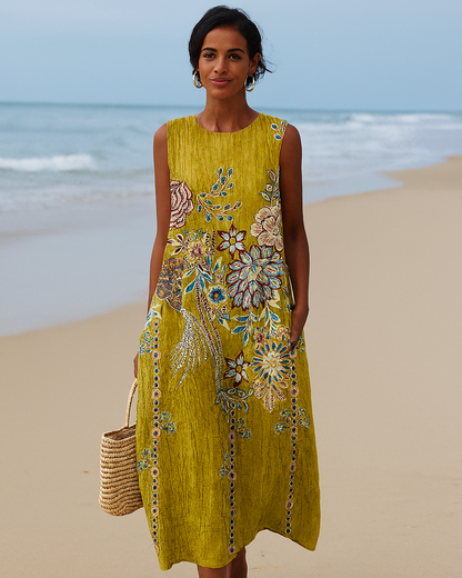 Vestido sem mangas com estampado floral vintage para mulher