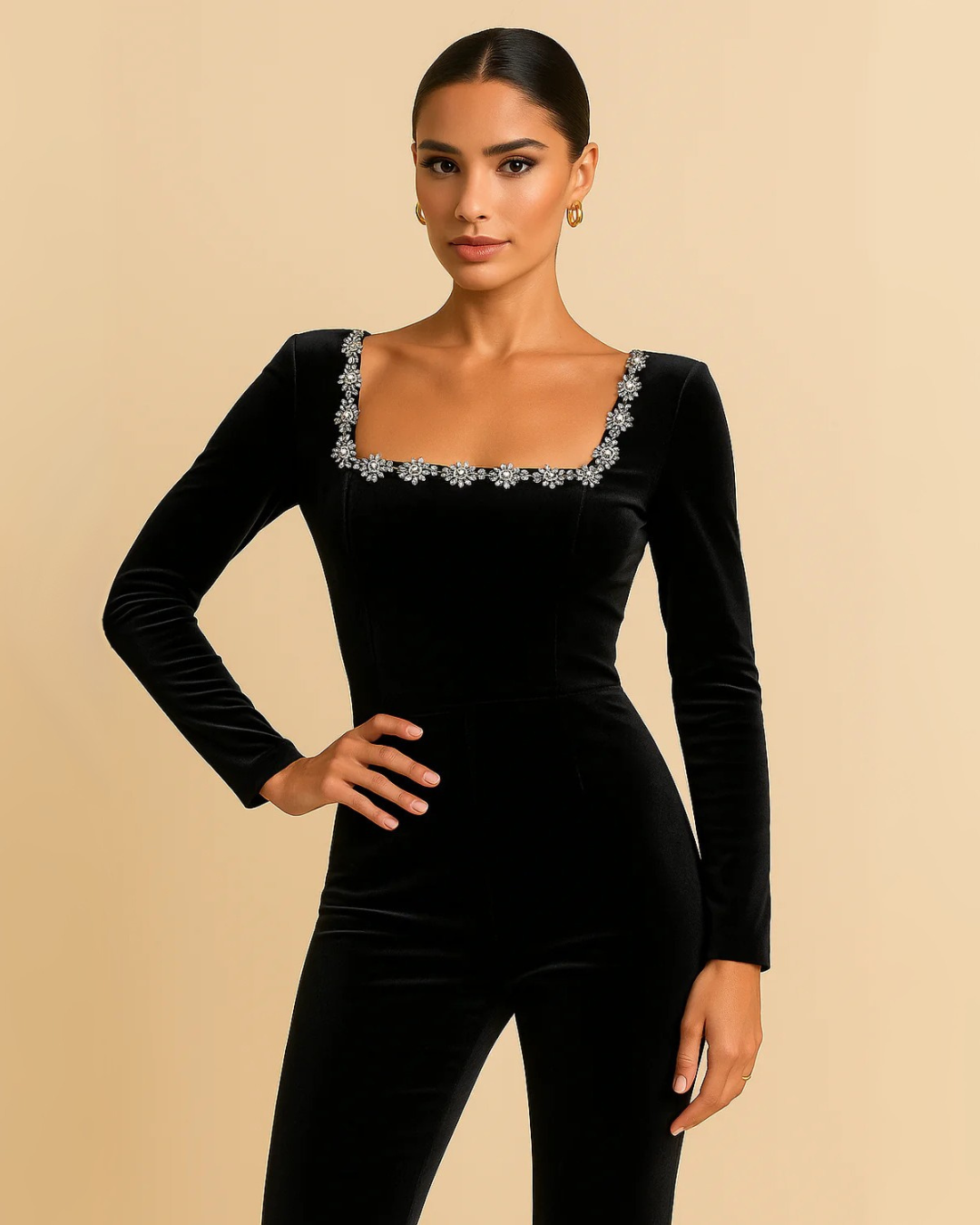 Macacão de veludo com adornos florais