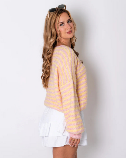 Casaco de malha às riscas com botões para mulher