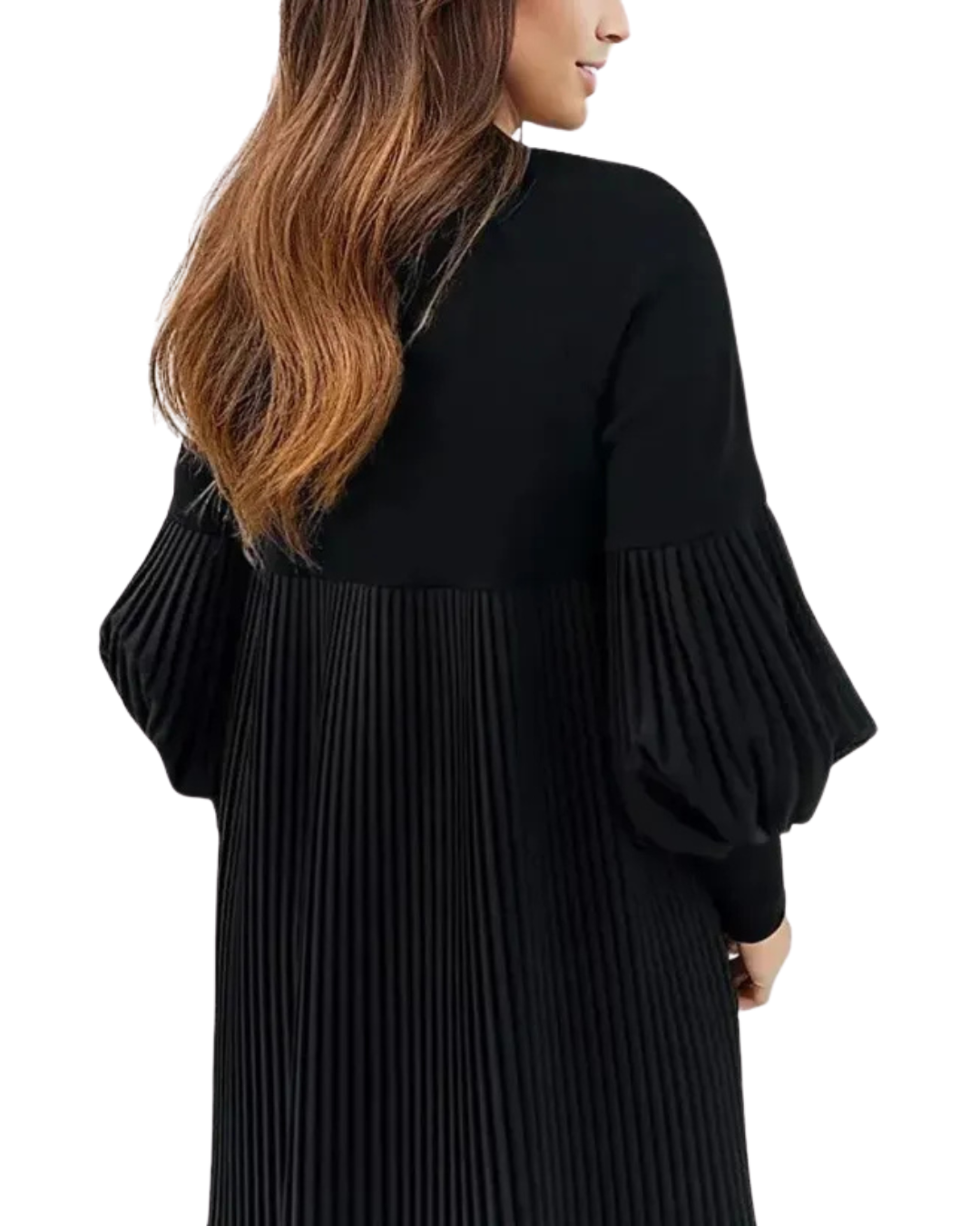 Vestido Elegante com Mangas Bufantes e Detalhes Plissados