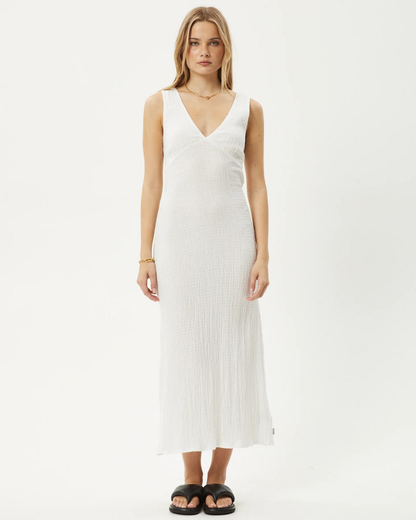 Vestido comprido de linho sem mangas com decote em V