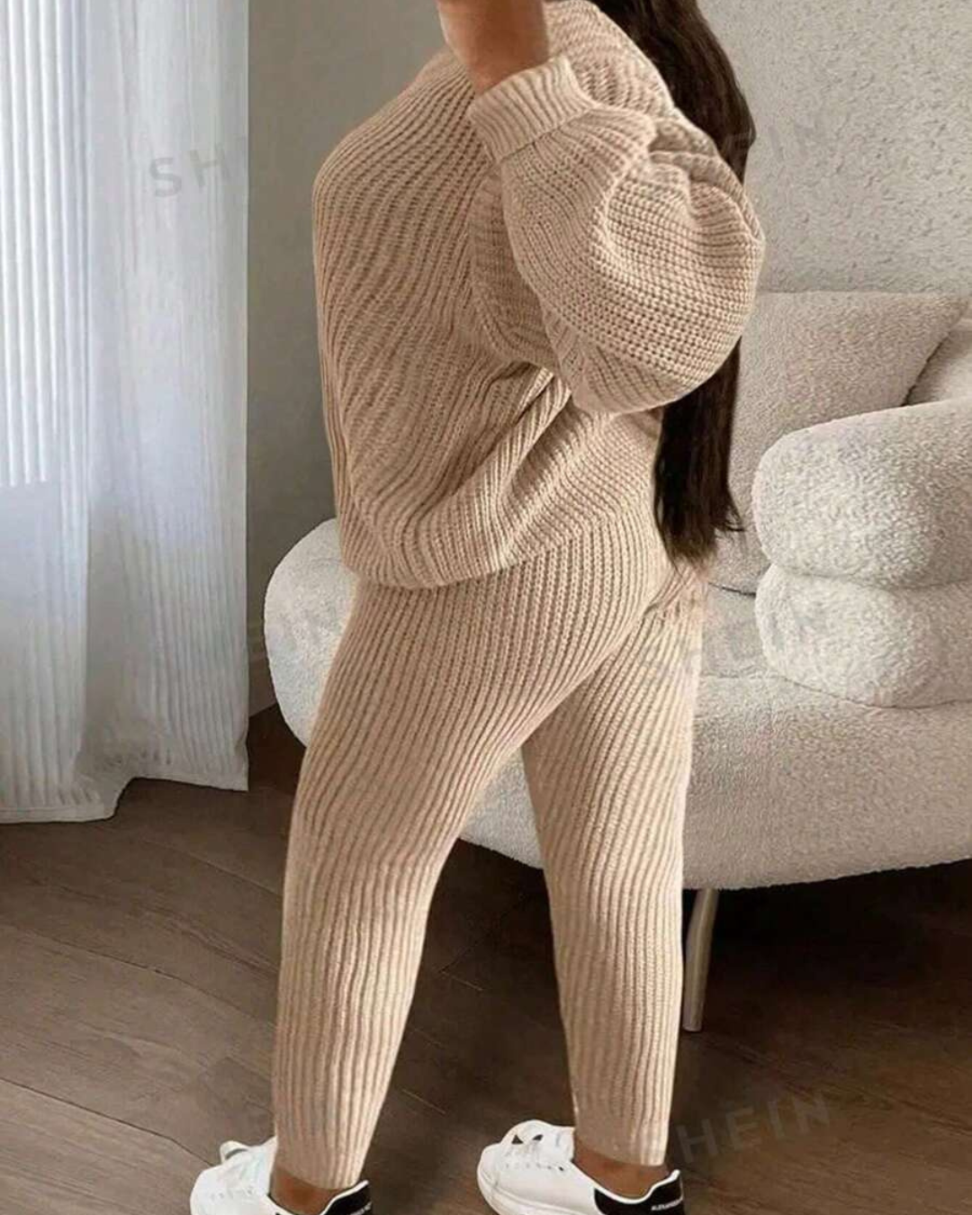 Conjunto Casual de Camisola de Manga Comprida com Gola Redonda e Calças Unicolores