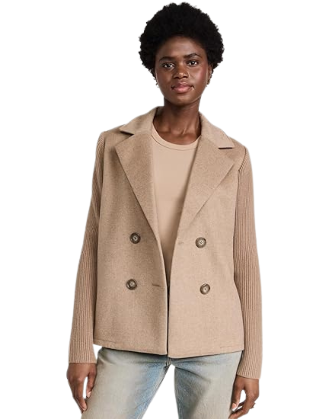 Casaco Casual de Mulher com Lapela, Botões e Mangas Combinadas, com Bolsos Laterais