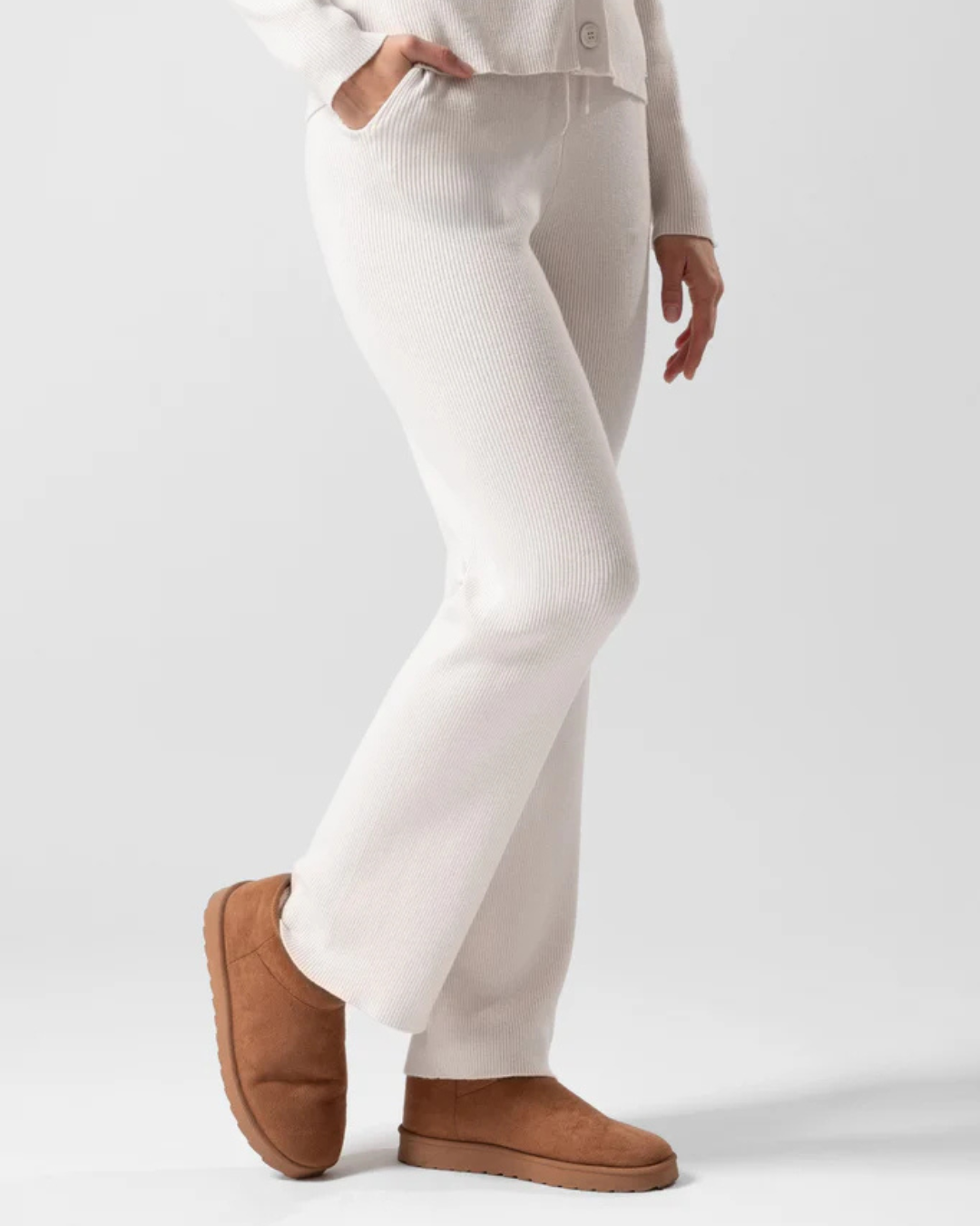 Conjunto Duplo de Cardigã e Calças de Malha Canelada para Estilo e Conforto