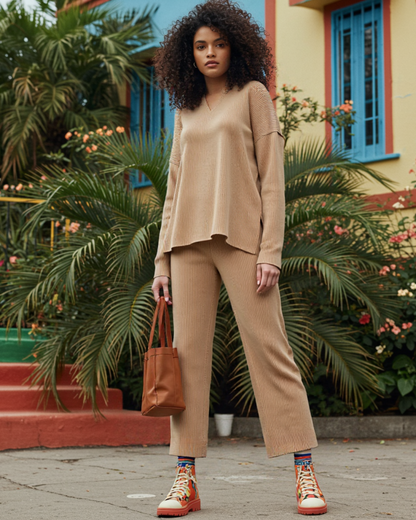 Conjunto folgado de duas peças com camisola com decote em V para mulher