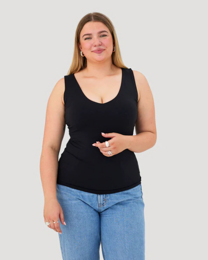 Top sem mangas com decote em V e sutiã incorporado - Apoio, estilo e conforto num só Uma óptima forma de usar um top sem mangas.