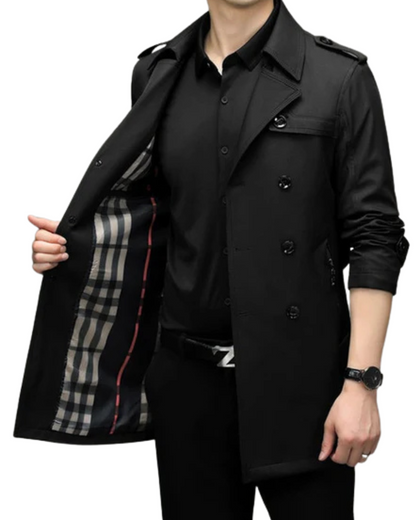 Casaco Clássico Comprido de Gabardina para Homem com Cinto Ajustável na Cintura